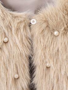 Elladie kids Young Girls Fluffy Cardigan Jacket With Pearl Decor, Suitable For Casual, Fashionable And Elegant Daily Wear - Khaki - View 5