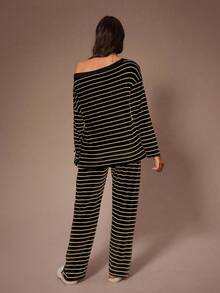 Lazeform 大码女式条纹印花休闲斜肩家居服套装，冬季服装 - 黑色 - 查看 3
