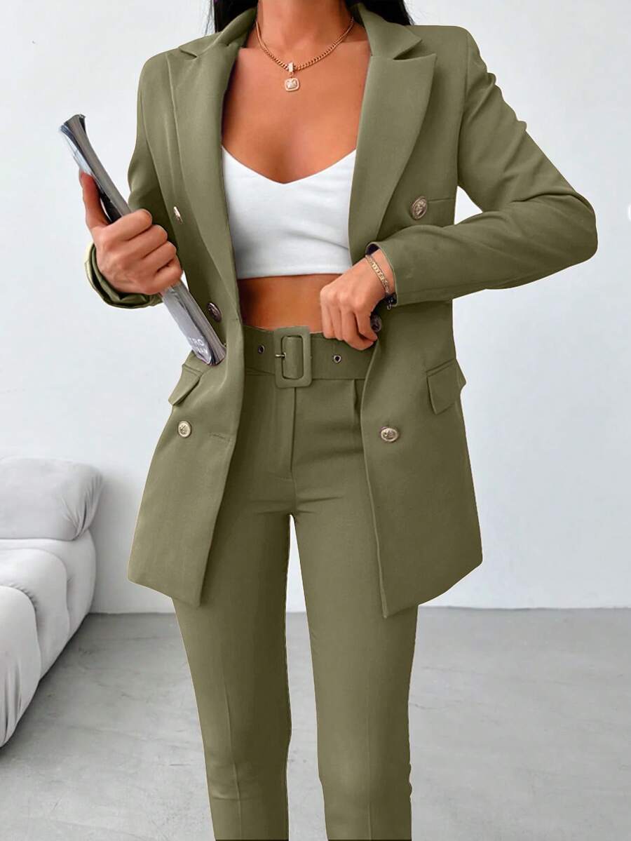 SHEIN Cottnline Women's Solid Color Long Sleeve Jacket And Pants Suit - Olive Green - View 1