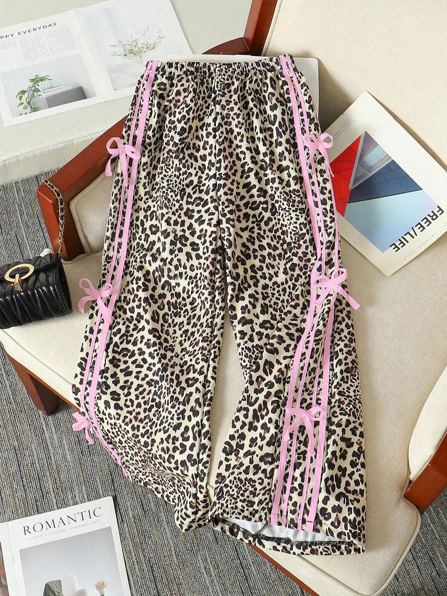 Sparklyn 少女休闲舒适时尚豹纹侧边抽绳蝴蝶结装饰宽松阔腿裤 - 彩色 - 查看 1