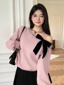 Modelyn 秋冬蝴蝶结宽松韩版休闲短款卫衣 - 粉色 - 查看 3
