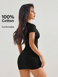 SHEIN PETITE Summer Dress Solid Ruched Bodycon Dress - Black - View 2