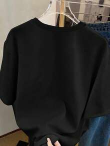 Resyla 1pc Women's Casual Chic Round Neck T-Shirt With Embroidered Heart Chenille Design - Black - View 2