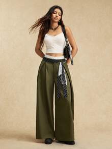 Easelle Casual Vintage Women's High Waist Pleated Wide Leg Loose Casual Pants Color Blocking Double Waistband Design Green  Bohemia Bohe Chic  Summer - Army Green - View 4