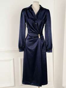 Franclia Đầm suông dài tay vai trơn màu trơn trang trí nút kim loại thanh lịch thắt eo cho nữ - Màu xanh hải quân - Xem 4