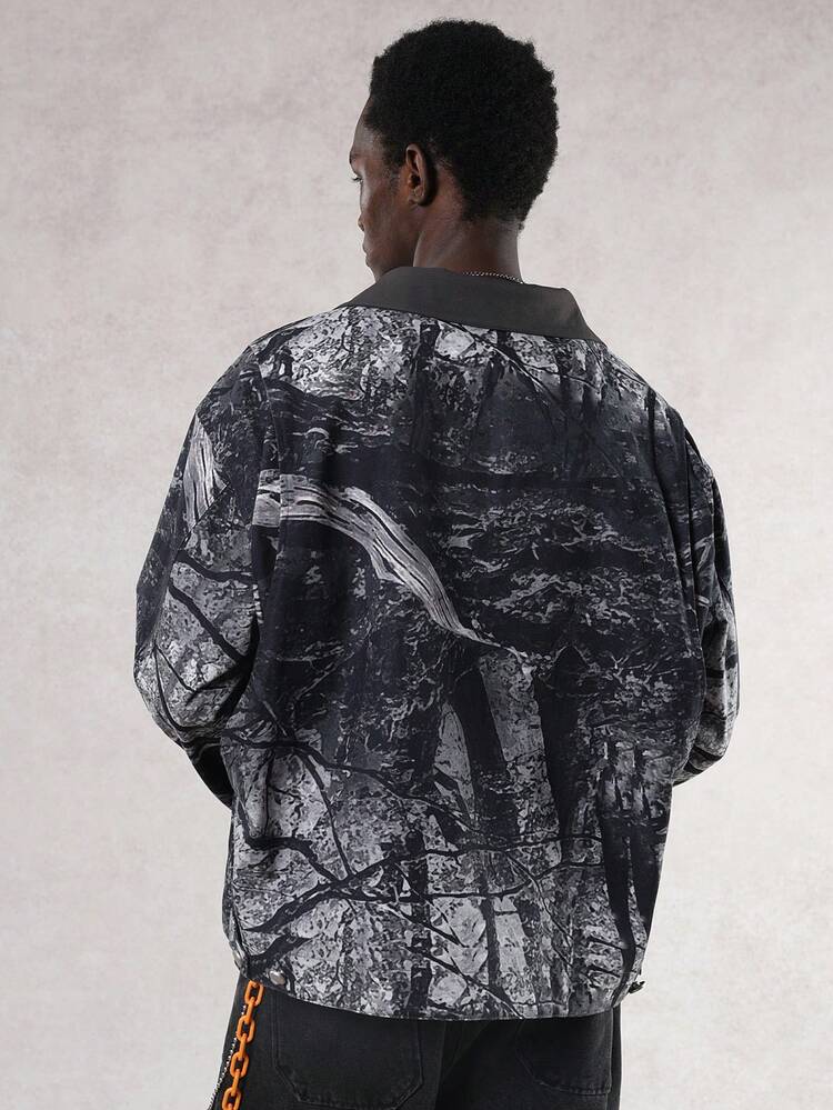 Men's Digital Print Patchwork Collar Design Jacket And Coat, Autumn/Winter