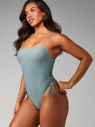 MISSGUIDED 吊带连体泳衣，侧边褶皱系带设计，适合夏季海滩泳池度假穿着