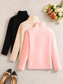 SHEIN 3 pièces/set T-shirts thermiques à manches longues avec col roulé et imprimé chat, style décontracté pour préadolescentes - Multicolore - Voir 2