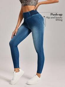 SHEIN Tall Women's Casual High Waist Elastic Skinny Washed Denim Jeans - Blue - View 3