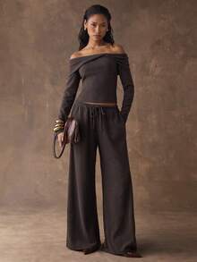 SHEIN BAE Áo trễ vai màu trơn thắt nút xoắn dành cho nữ, thích hợp khi đi làm - Cà phê nâu - Xem 5