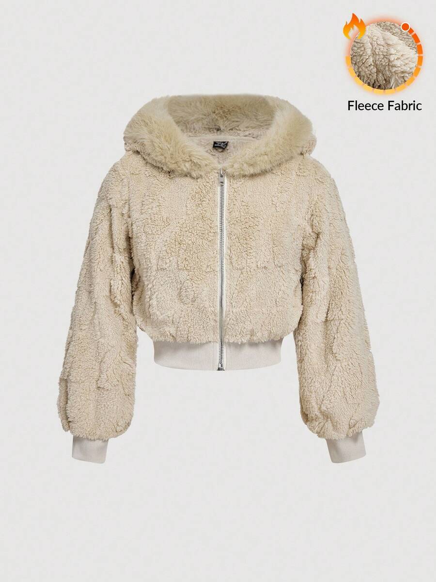 SHEIN MOD 千鸟格抓绒领长袖卡其色夹克、女款泰迪熊夹克、皮草夹克、女款短款夹克、女款连帽夹克、女款夹克、女款冬装、女款短款夹克 - 卡其色 - 查看 1