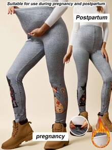 Boho Mama 可调节腰围卡通猫印花休闲打底裤，波西米亚风孕妇紧身裤，灰色保暖内衬打底裤，女士孕妇打底裤。 - 灰色 - 查看 11