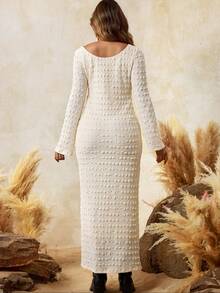 Boho Mama 孕妇纯色圆领长袖修身优雅连衣裙 - 白色 - 查看 4