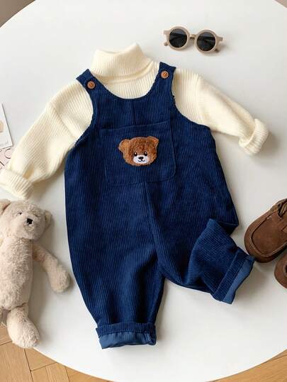 SHEIN Newborn Baby Unisex Corduroy Bib Overalls, Cute & Versatile, Suitable For Autumn/Winter Baby Boy Bear Overall Set Baby Romper Bear Baby Boy Bear Outfit