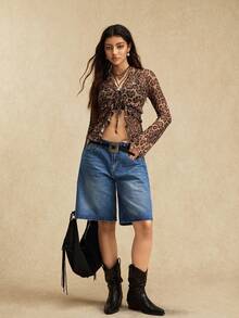Easelle Blouse à manches longues avec volants et liens aux poignets, imprimé léopard pour femmes - Multicolore - Voir 4