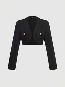 SHEIN MOD Solid Button Detail Crop Jacket In Fall/Winter, Winter Clothes, Outfit, Elegant Jacket For Women, Casual Outfit For Women, Old Money Style, British Style, Casual Blazers For Women, Rich Woman Clothes, Vacation Outfits Women, Office Wear, Business Casual Jacket, Spring/Summer Outfit,  Suitable For Work, Party , Holidays, Birthday, Festival, Everyday Wear - Black - View 4