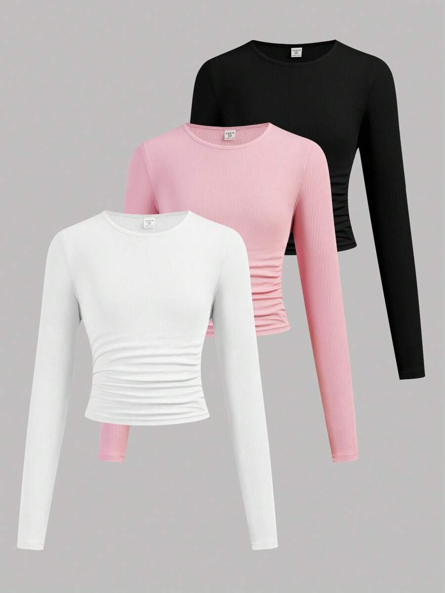 SHEIN Girlism 3pcs/Set Tween Girls' Fitted Casual Solid Color Round Neck Ruched Long Sleeve T-Shirt - Baby Pink - View 1