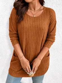 大码女式罗纹磨毛长袖T恤，适合秋冬季日常穿着 - 橘色 - 查看 4