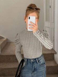 SHEIN 2pcs/Set Tween Girl Slim Fit Casual Mock Neck Raglan Sleeve Ribbed T-Shirts, Girls Ribbed Set, Girls Long Sleeve Tops, Solid Color Tops Tween Girl - Brown - View 3