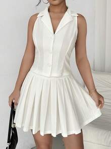Chiquease Top fără mâneci și fustă plisată pentru femei, culoare uni, cu nasturi în față, 2 buc ținută casual de vacanță de vară - alb - Vizualizare 5