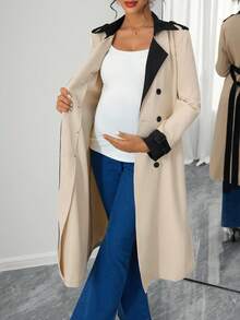 Momance معطف أنيق للحوامل بأكمام طويلة وحزام مزدوج الصدر بألوان متباينة