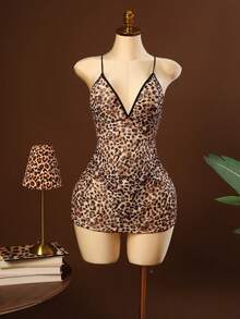 SHEIN 两件套加大码豹纹露背性感睡衣和内裤套装 - 咖啡棕 - 查看 5