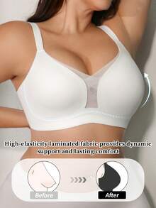 大码女士无缝无钢圈文胸，带凝胶垫，柔软支撑，性感网纱，舒适显瘦文胸 - 白色 - 查看 1