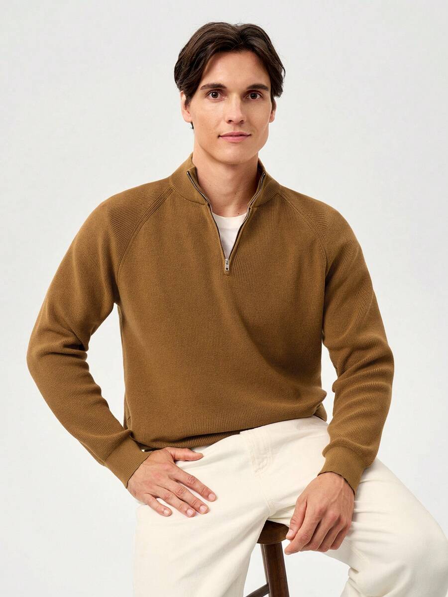 RONVEXI Men's Casual Solid Color Zipper Half-Placket Raglan Sleeve Sweater, Autumn/Winter - Camel - View 1