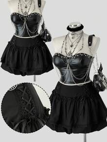 Sunspun 大码秋冬系带蝴蝶结荷叶边下摆优雅复古可爱 Y2K 休闲双层短裤 - 黑色 - 查看 1