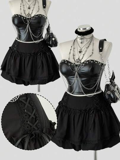 Sunspun 大码秋冬系带蝴蝶结荷叶边下摆优雅复古可爱 Y2K 休闲双层短裤