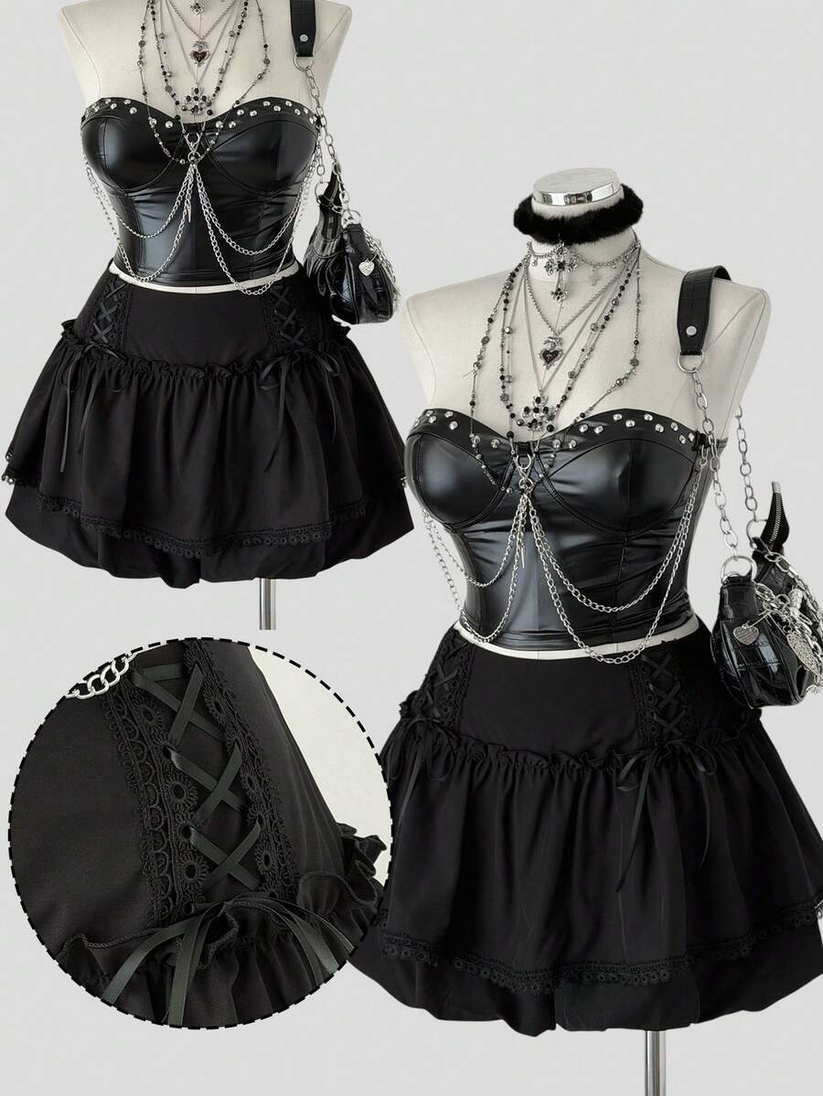 Sunspun 大码秋冬系带蝴蝶结荷叶边下摆优雅复古可爱 Y2K 休闲双层短裤 - 黑色 - 查看 1