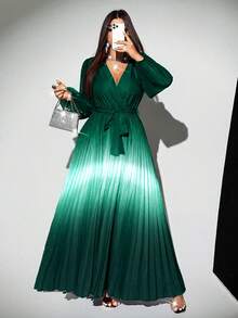 Viva Relle Đầm dự tiệc xếp ly cổ chéo ombre thanh lịch cỡ lớn cho nữ tay lỡ thắt nơ thắt lưng thắt nơ đa năng - Nhiều màu - Xem 7