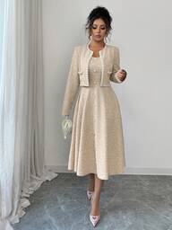 Elenzga Damoutfit för tidig höstdejt, lämplig för skolstart, lärarklädsel, mellanösternstil, mogen elegans, pendling, affärsavslappnad stil, kontor, fransk chic, söt, koreansk stil, pärlbesatt hantverk, midjebegränsad A-linjeklänning och kort beskuren jacka i 2-delat set, mellanlång klänning, rosa