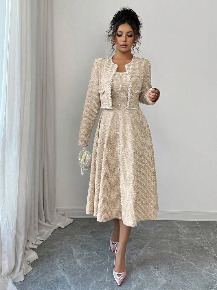 Elenzga Strój na randkę wczesną jesienią dla kobiet, odpowiedni na powrót do szkoły, strój nauczycielski, styl , dojrzała elegancja, dojazdy do pracy, swobodny styl biznesowy, biuro, francuski szyk, słodki, koreański styl, koralikowe rzemiosło, sukienka w kształcie litery A z pasem w talii i krótka marynarka, 2-częściowy komplet, sukienka średniej długości, różowy - Morela - Zobacz 1