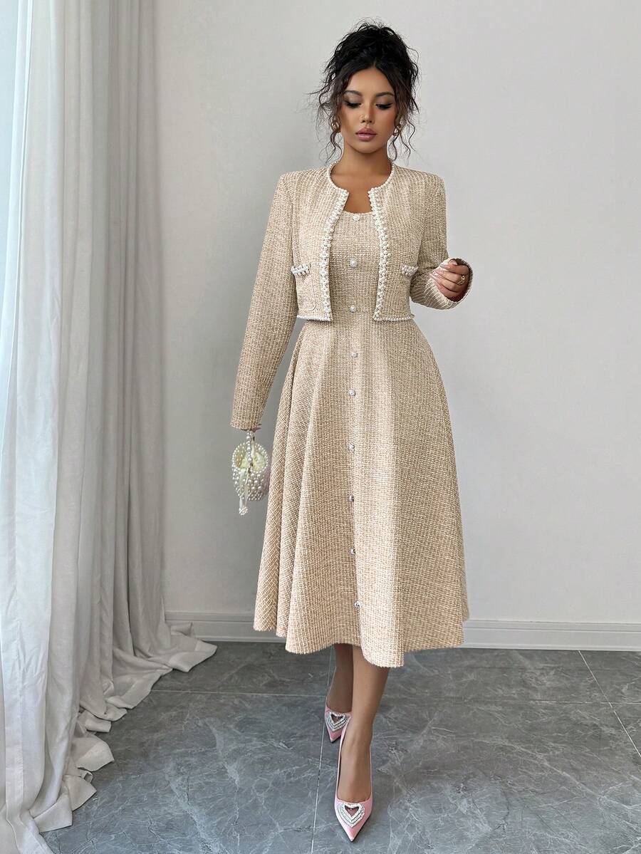 Elenzga 女士初秋约会之夜套装，适合返校、教师装扮、中东风情、成熟优雅、OL通勤、商务休闲、办公室穿着，兼具法式时尚、甜美、韩式风格，饰有串珠工艺，收腰A字连衣裙搭配短款外套两件套，中长款连衣裙，粉色 - 杏色 - 查看 1