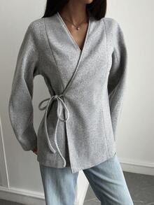 Livesso 女士羊毛束腰休闲连衣裙，适合通勤，秋冬季女式外套 - 灰色 - 查看 4