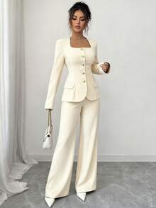 Elenzga 两件套女士西装，面料梯形领，前襟金属纽扣，A字下摆，插袋长袖衬衫+直筒裤，纯色优雅，适合办公室通勤、街头穿搭、秋冬时尚、百搭商务休闲、感恩节下午茶聚会、返校季等场合。 - 杏色 - 查看 6
