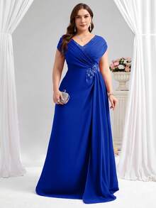 Coutiva 优雅派对水钻珍珠装饰加大码新娘母亲礼服 - 寶藍色 - 查看 3