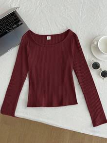 Tween Girls' Ribbed Crew Neck Elastic Fitted All-Match Versatile Long Sleeve T-Shirt, Comfortable - Burgundy - View 6