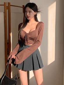 DAZY Women Solid Color Short Pleated A-Line Skirt - College Style