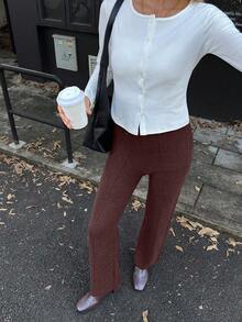 Elyressa Conjunto de suéter de unicolor y pantalones de pierna ancha con textura de cuerda retorcida para mujer, cómodo y casual, adecuado para otoño/invierno - Marrón - Ver 5