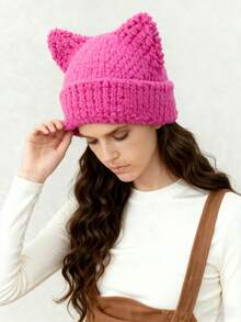 ROMWE Grunge Punk 1 件紫红色针织猫耳帽，Y2K 风格纯色保暖宽松帽，百搭时尚帽，适合日常佩戴 - 彩色 - 查看 5