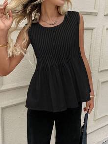 SHEIN LUNE 黑色无袖圆领荷叶边衬衫，适合日常休闲穿着，纯棉夏季上衣，100%纯棉，黑色无袖上衣，秋季上衣，休闲款。 - 黑色 - 查看 5