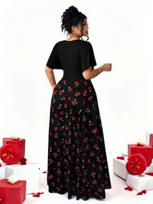 Elenzga Plus Size Elegant Minimalist Holiday Party Ruffle Sleeve Fitted Knit Dress - Multicolor - View 2