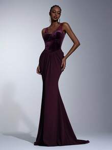 Elitara 优雅、浪漫、时尚的栗色弹力天鹅绒拼接鱼骨塑形吊带荷叶边鱼尾裙摆拖地礼服，适合各种场合，包括节日、度假、生日派对、婚礼、正式晚宴等。 - 紫紅色 - 查看 5