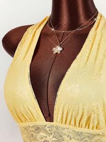 Amplova 女士蕾丝吊带两件套，性感黄色蕾丝裙搭配露背上衣 - 黃色 - 查看 5