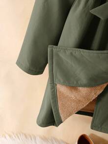 SHEIN Serisse Kids Tween Girls Solid Simple Green Color Thermal Lined Long Coat With Lapel, Suitable And Warm For Autumn Winter, Daily Wear, Casual Occasion, Back To School Trench Coat Kids Girl Coats Tween Dress Coat Girls Wool Coat Girls Coat Peter Pan - Army Green - View 7