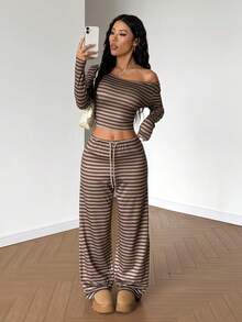 Aidyla 女士卡其色条纹长袖修身宽领抽绳腰直筒裤，秋季款 - 卡其色 - 查看 6