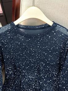 Franclia Solid Color Spandex Mesh Metallic Foil Shiny Long Sleeve Top