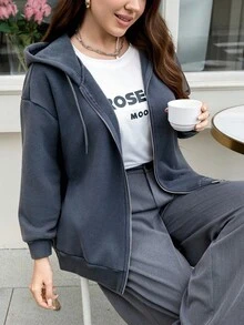 SHEIN LUNE Plus Size Women's Solid Color Drop Shoulder Hooded Drawstring Zip-Up Casual Versatile Sweatshirt,Winter Christmas For Women Party Hooded - Dark Grey - View 7